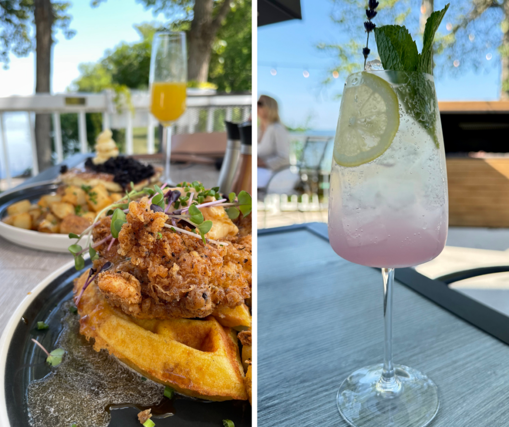 chicken and waffles and a cocktail at FARE on the patio