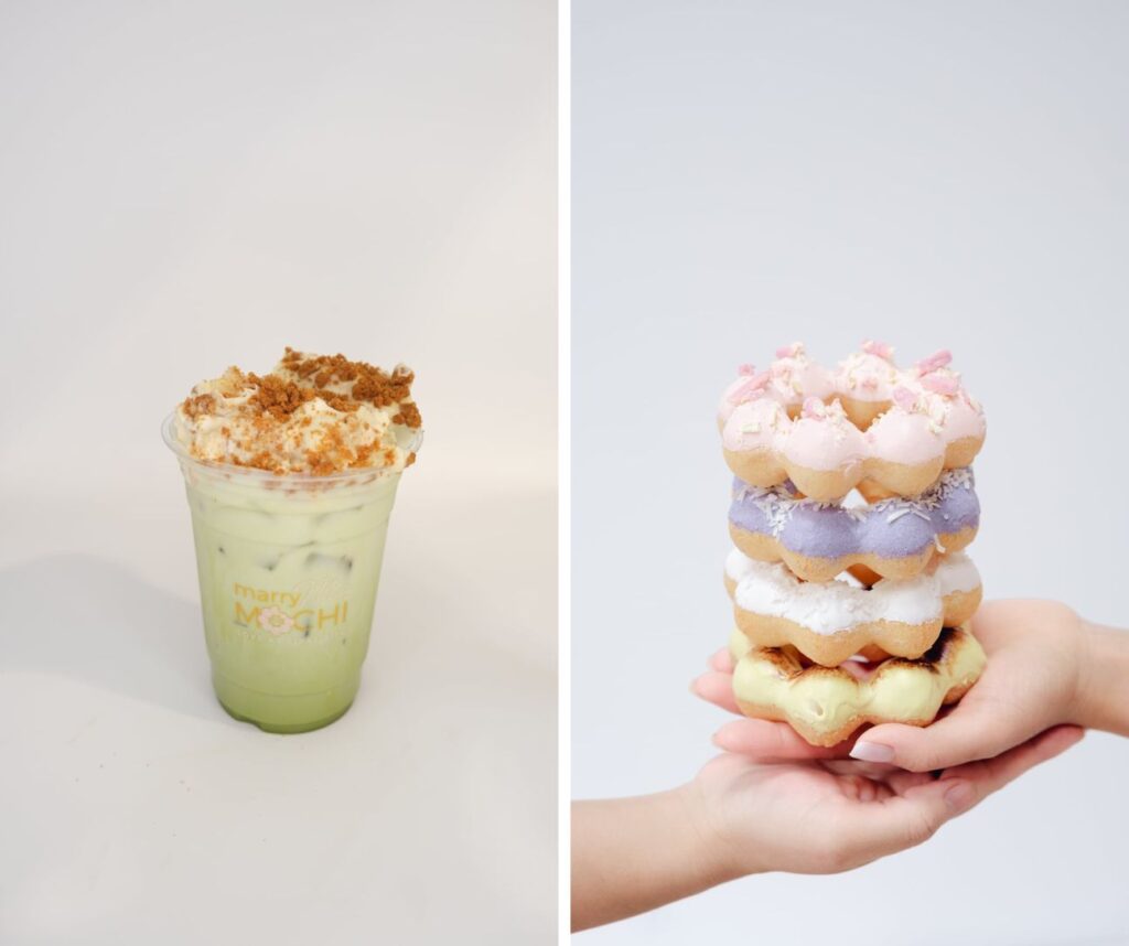 Banana Bae Pudding coffee on the left and a stack of four mochi donuts held in two hands on the right