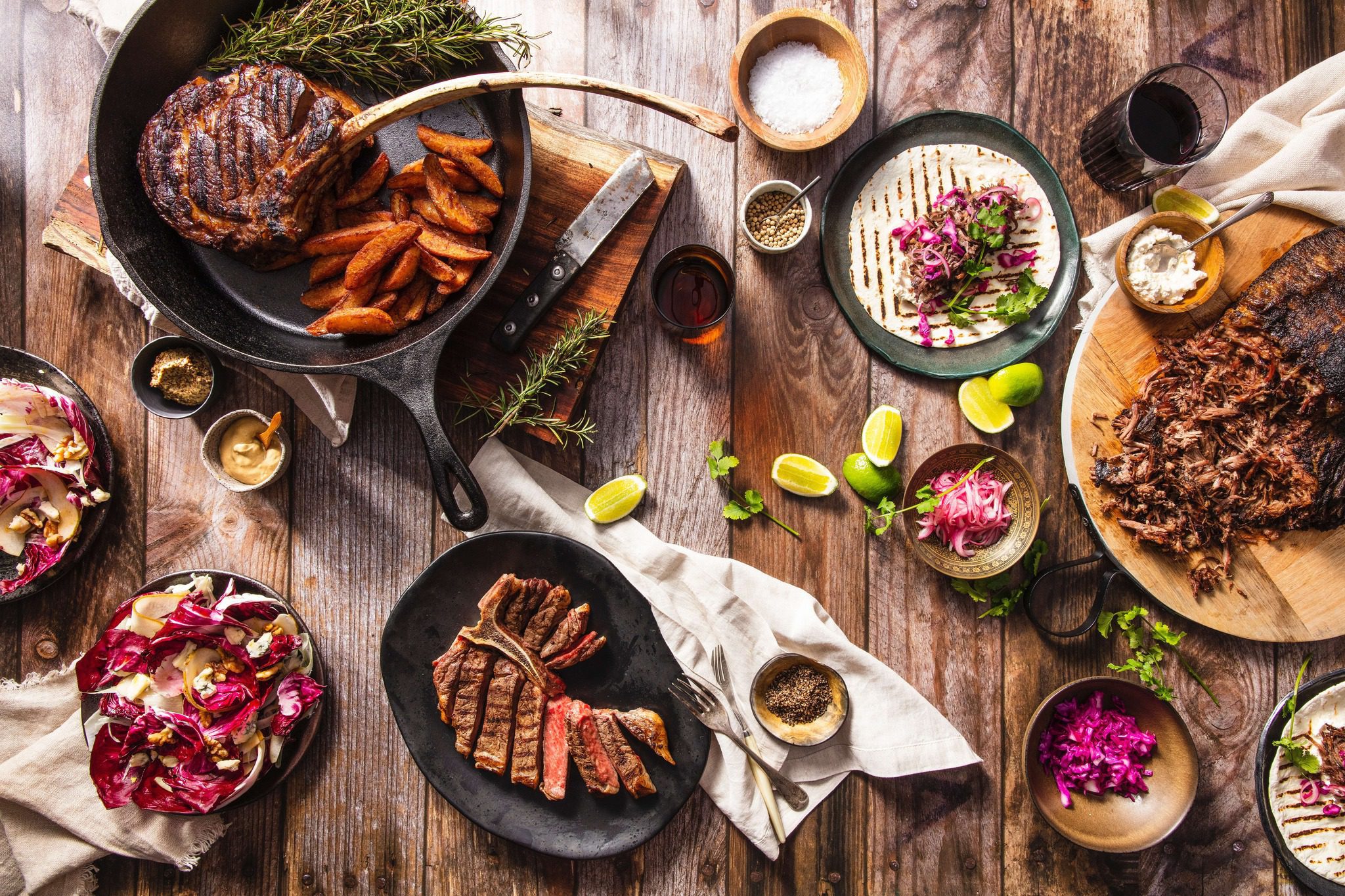 flat lay of loads of cooked meat
