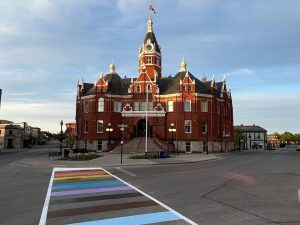 pride sidewalk leading up to Stratford city hall