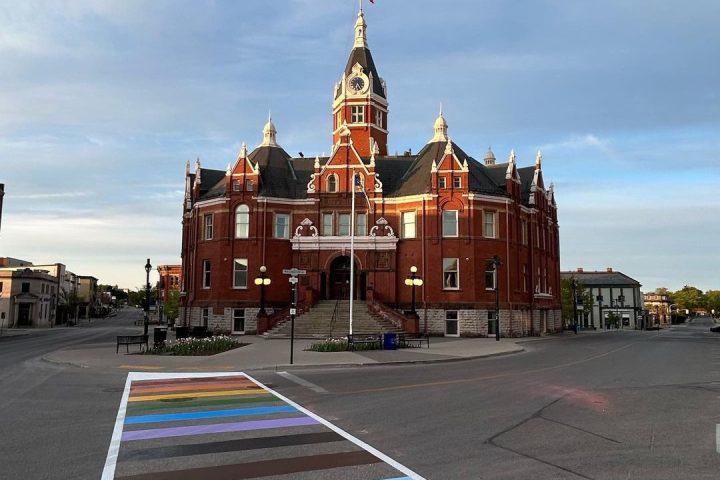 pride sidewalk leading up to Stratford city hall