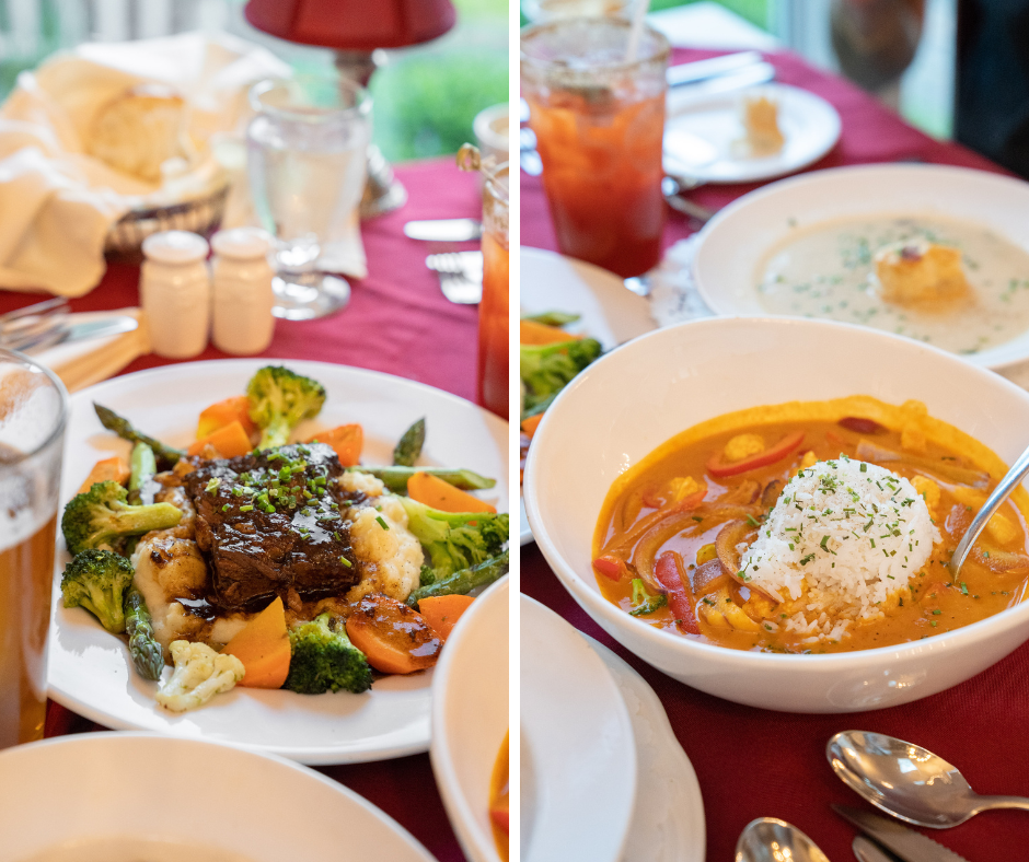 two-image grid from waring house of lamb rack and red Thai curry
