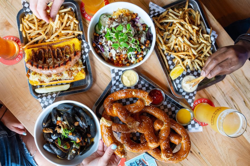 overhead shot of food and beer at Royal City Brewing