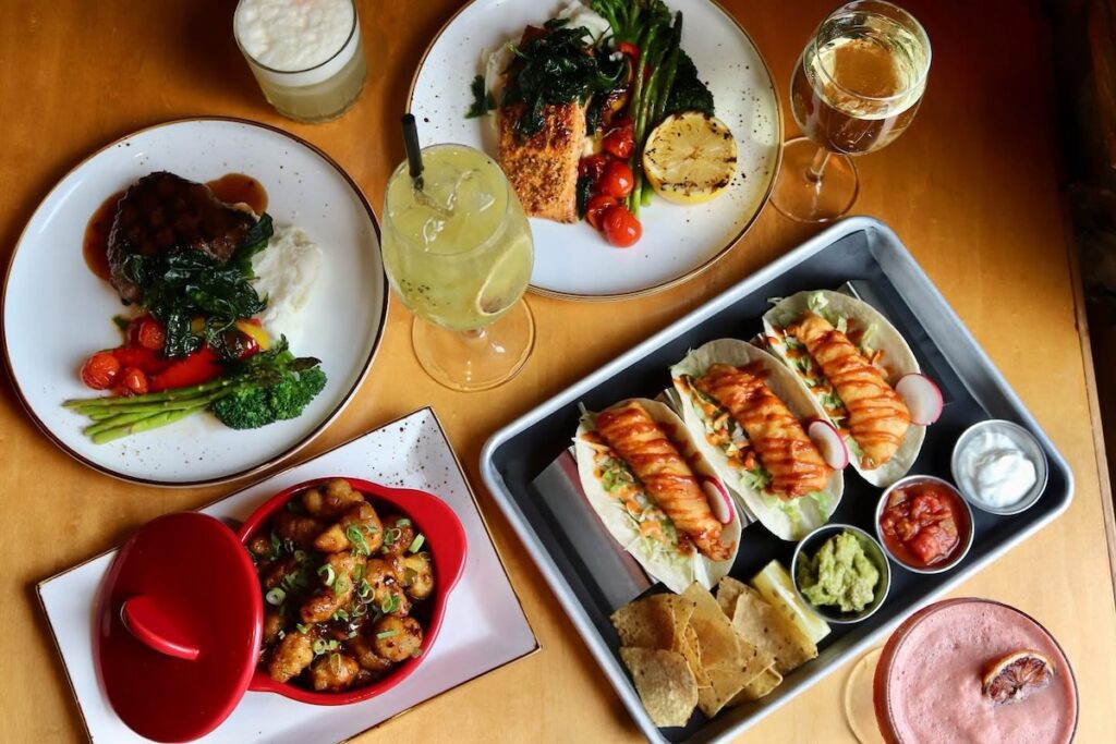 overhead shot of food spread at the Drayton Chop House