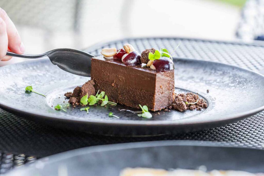 Peller Estates Terrace Wine Bar's chocolate cake with a spoon going into it