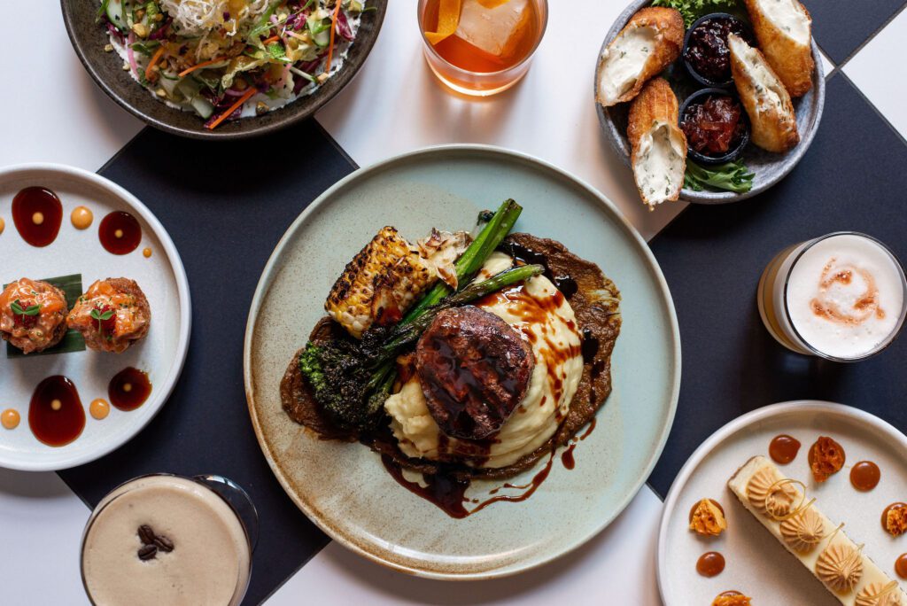 overhead shot of a festive meal at Radius