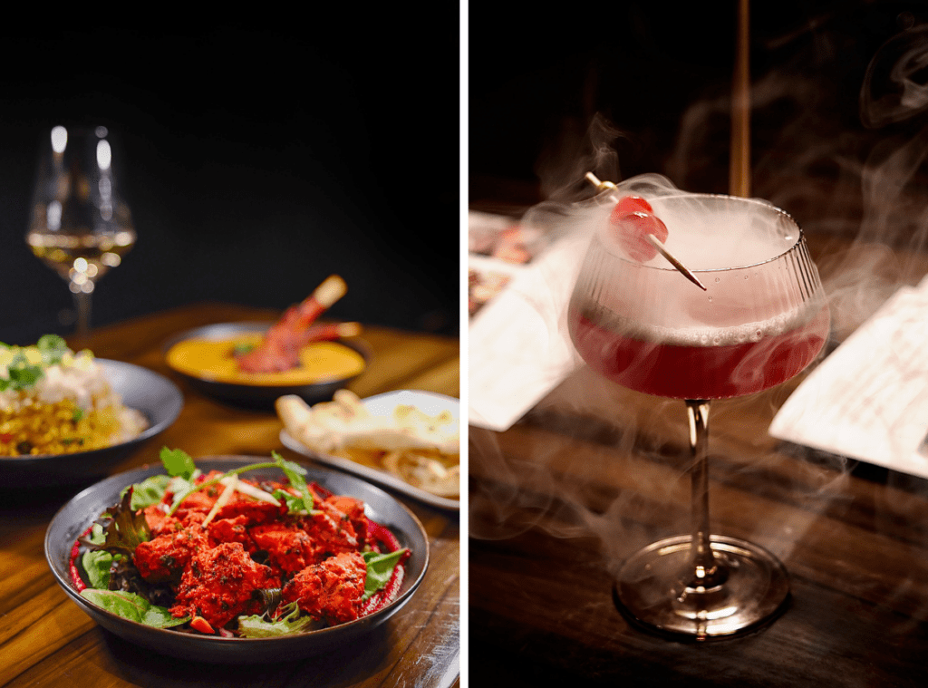 two images of Bindia in a grid. On the left, a warm dish of food covered in a red sauce and some other dishes in the background. On the right, a smoking cocktail in a coup topped with a cherry garnish.