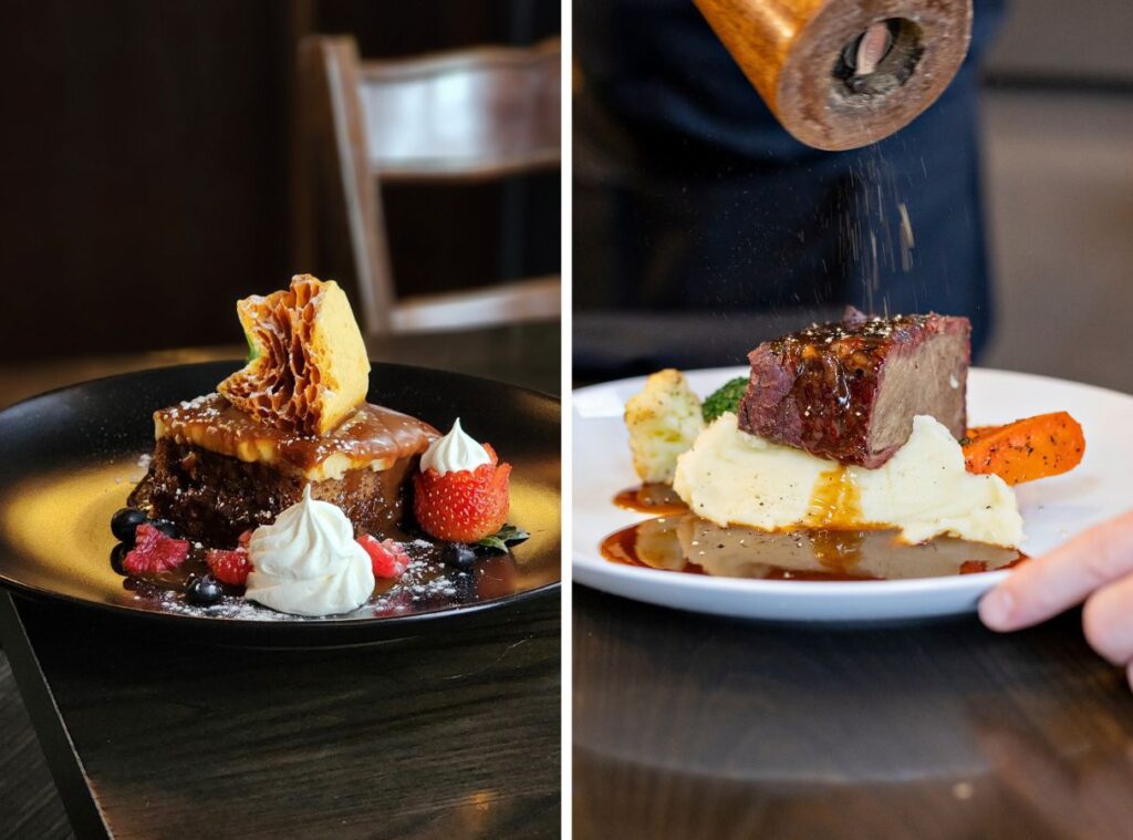 two shots of Eddington's in a grid. On the left, sticky toffee pudding and on the right, steak over mashed potatoes and seasonal vegetables with pepper being cracked on top