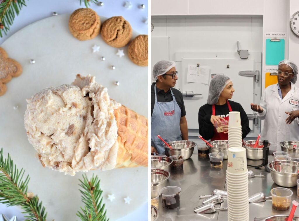 grid of two photos of Four All Ice Cream. On the left, an overhead shot of the gingerbread cookie ice cream surrounded by cookies and greenery in a waffle cone. On the right, an image of two people and the instructor at the ice cream making workshop, Behind the Scoop