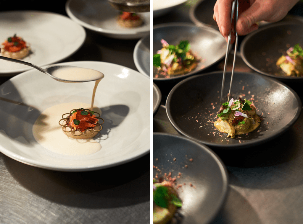 two dishes from perch being plated