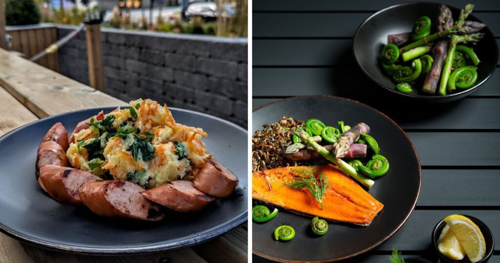 grid of two photos from London Bicycle Cafe - stamppot and salmon with asparagus