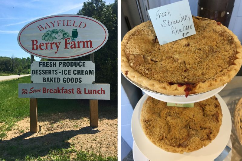 2 images. Left photo shows Bayfield Berry Farm business sign. Right photo shows close up of two strawberry rhubarb pies.