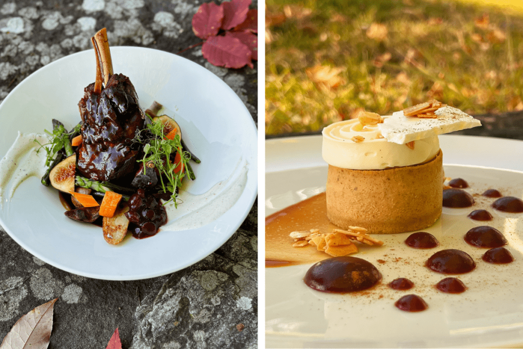 Left Image: Close up of a beef dish. Right Image: Close up of a caramel pastry dessert.