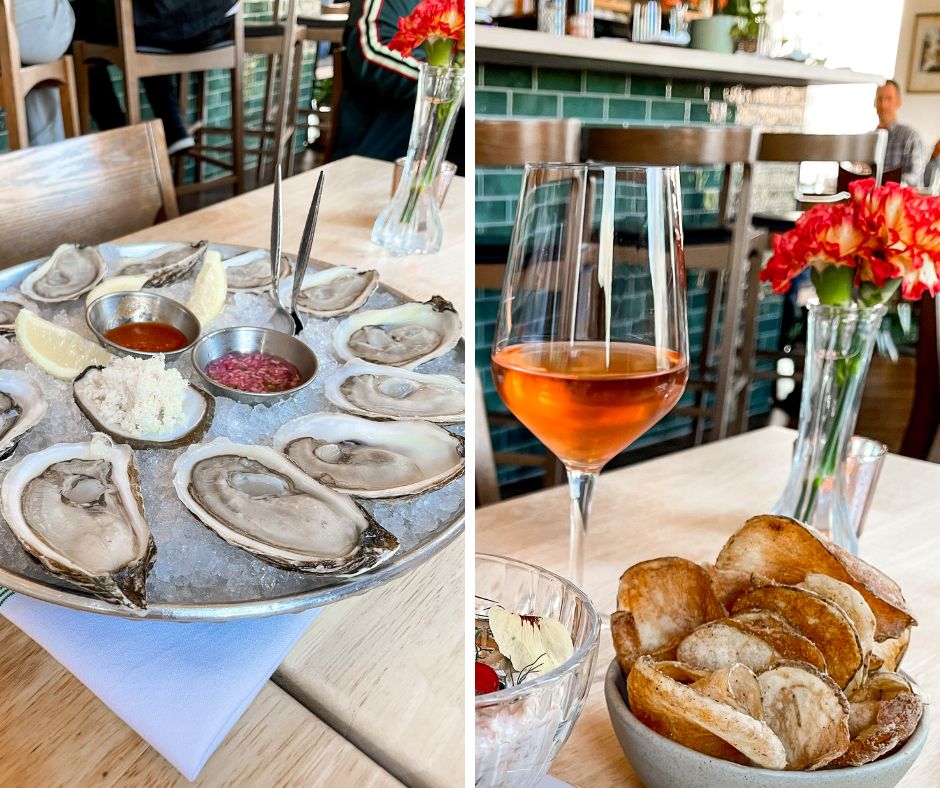 On the left: The oysters are from Cascumpec Bay Oyster Co., a family-run operation in Coleman, PEI. On the right: The beverage menu is sourced exclusively from Ontario. 