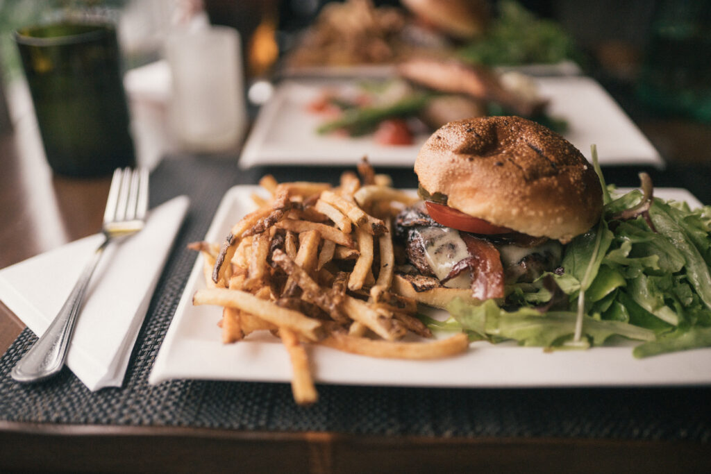 burger and fries at Rhubarb