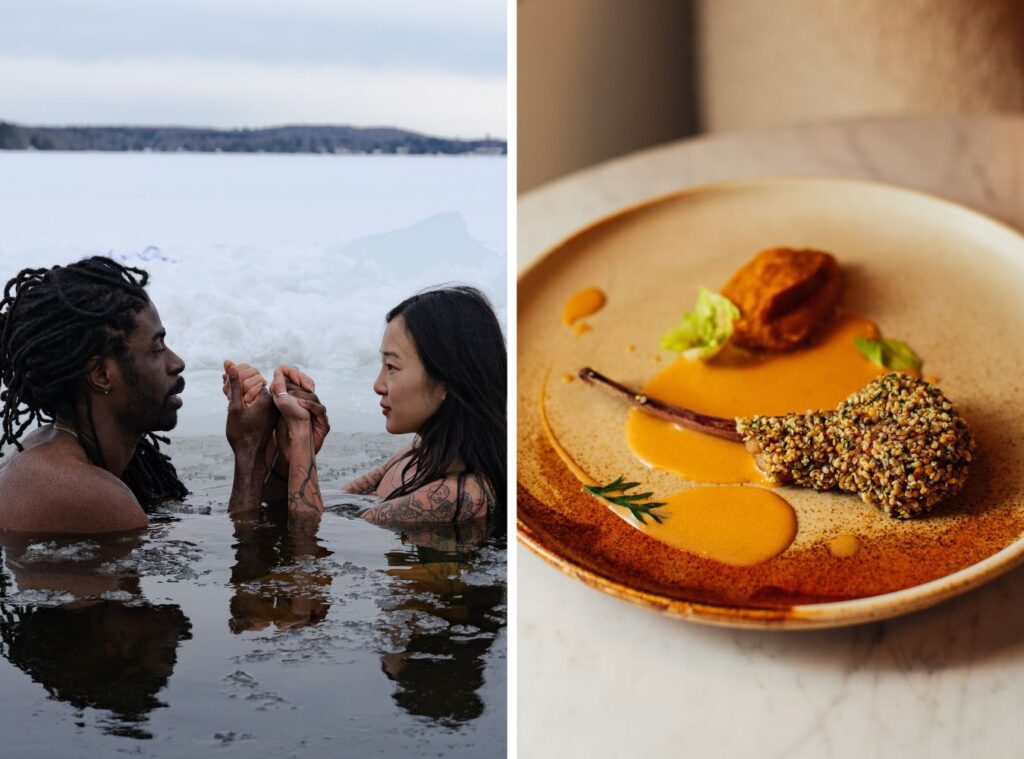 dimensions grid with couple doing an ice bath on the left and a sesame crusted lamb chop on the right