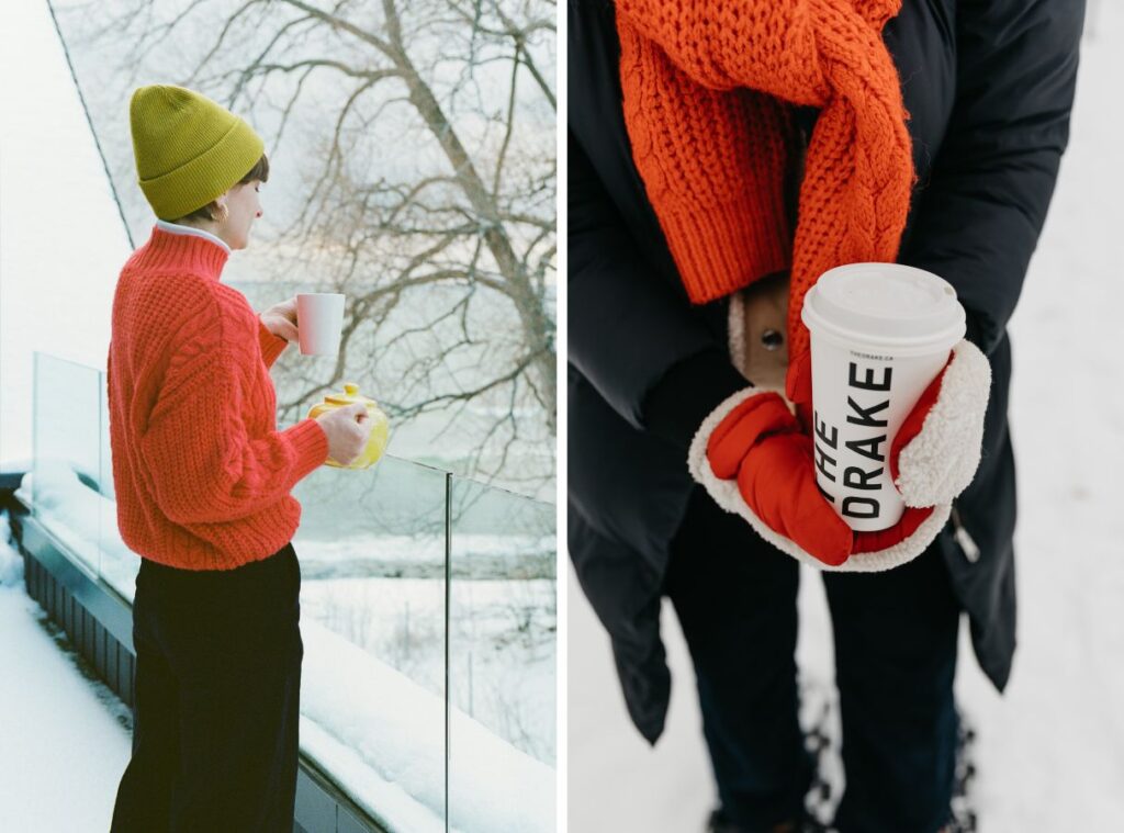 grid of two images, on the left a woman pouring tea out on a snow-covered balcony and on the right, holding a big cup of coffee that says THE DRAKE outdoors in mitts and snowshoes