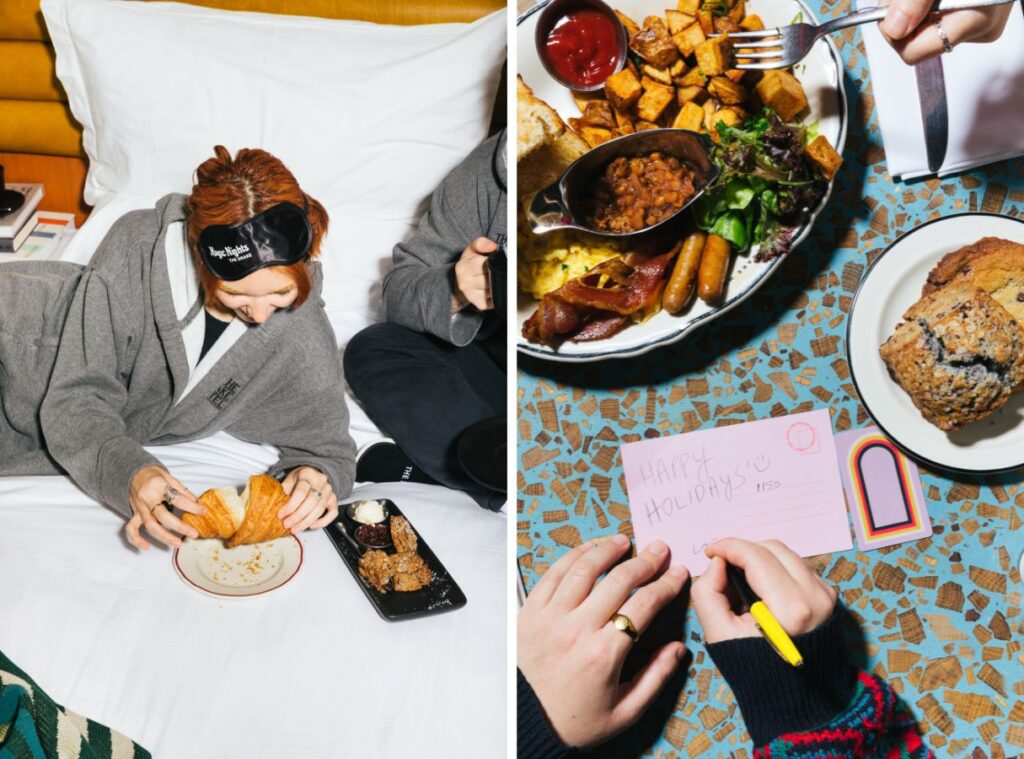 two photos from the drake, on the left, a girl eating a croissant in bed with a sleep mask no her head and on the right, somebody writing a happy holidays post card in front of a brunch spread