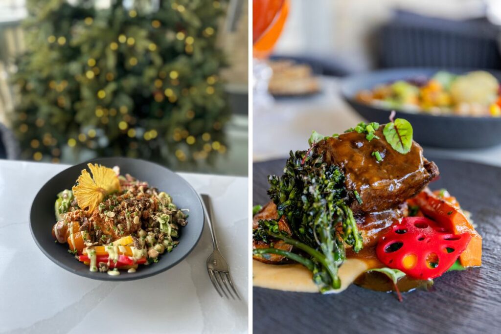 two steaming dishes from Puddicombe House, one in front of a lit tree