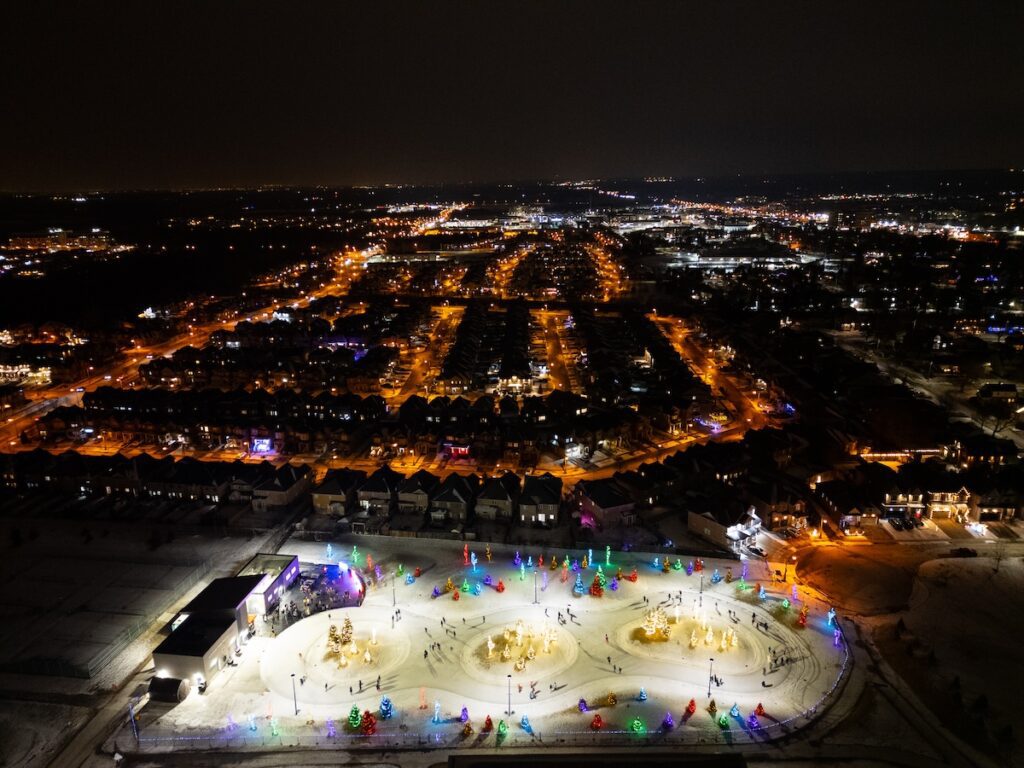 aerial shot of stouffville memorial park skating trail at night