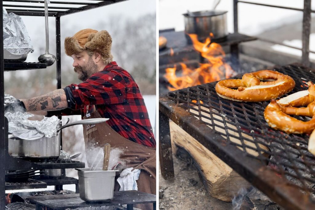 grid of two images. On the left, Chef Nick cooking over fire in a hunting cap and plaid, on the right pretzels cooking over fire on a grill