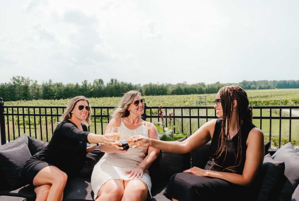 three women cheersing at Dark Horse Estate Winery