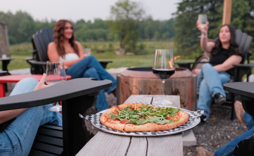 pizza, wine and girls around a fire at Cox Creek Cellars