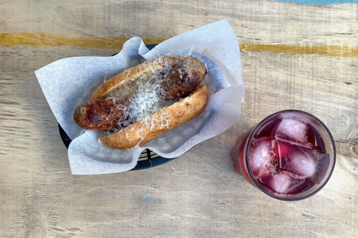 overhead shot of the smokie and blueberry lemonade at Ducky's DIner