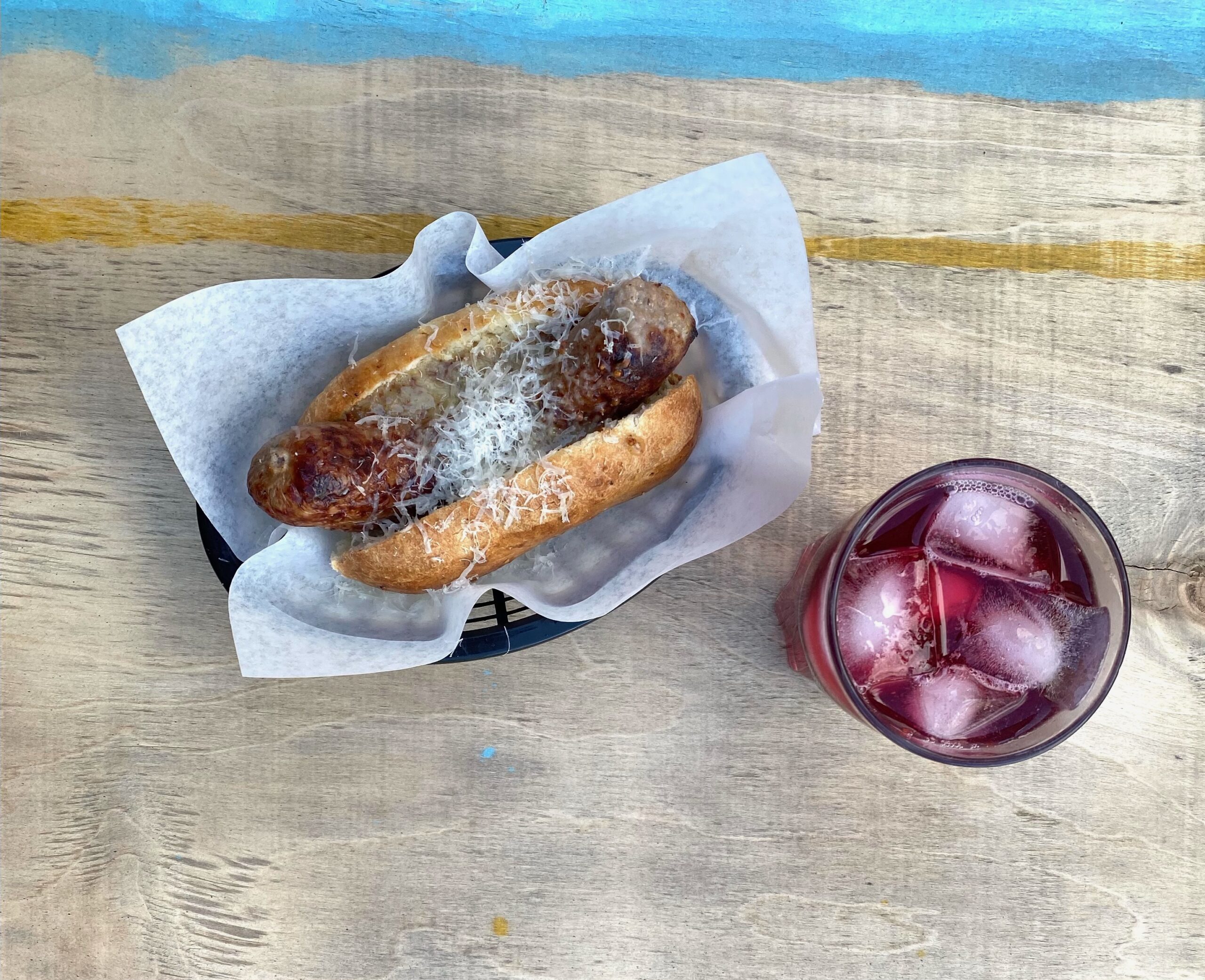 overhead shot of the smokie and blueberry lemonade at Ducky's DIner