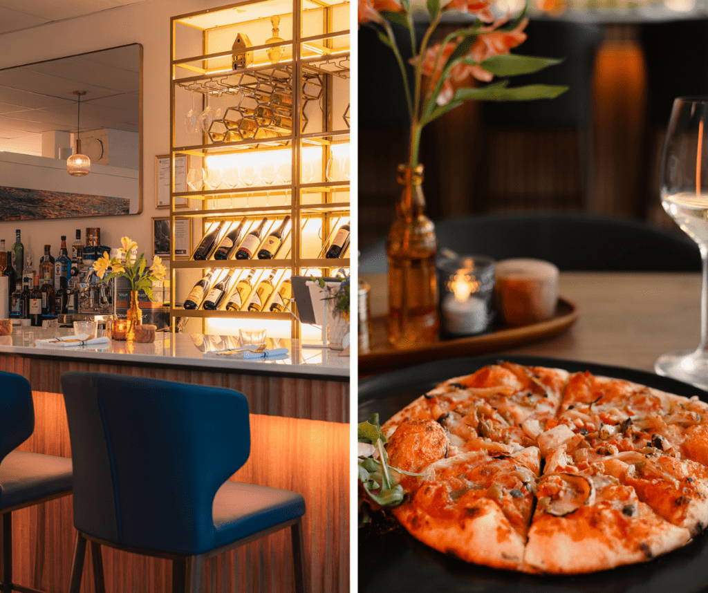 Grid of two images from Juna, bar on the left and pizza on the right