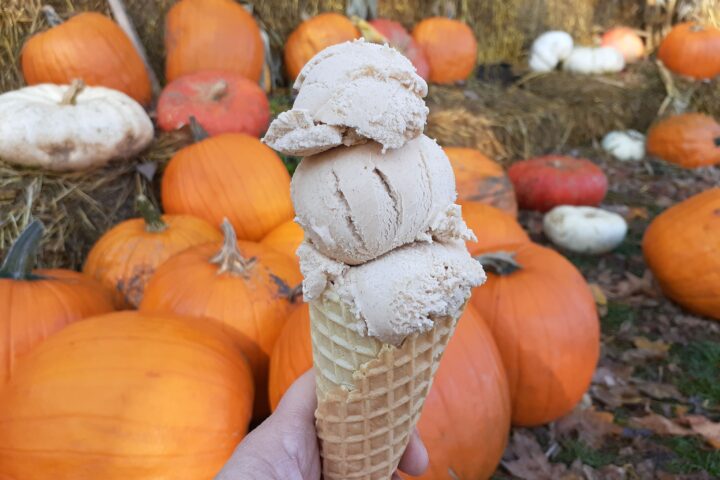 hand holding ice cream on a waffle cone in front of pumpkins