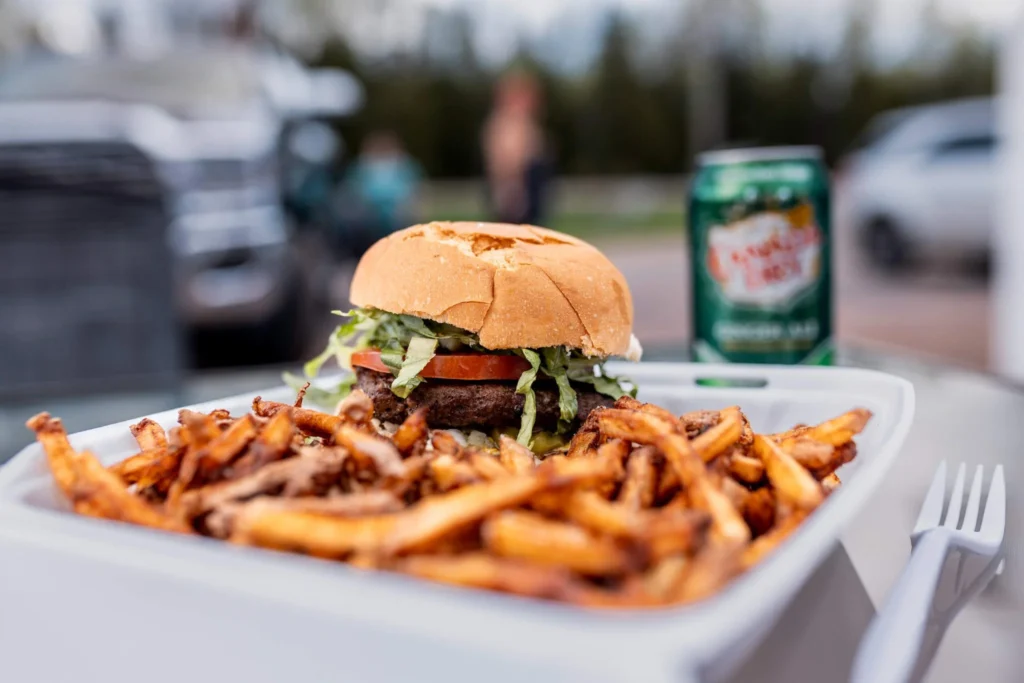 Close up of the hamburger and fries from the grill shack