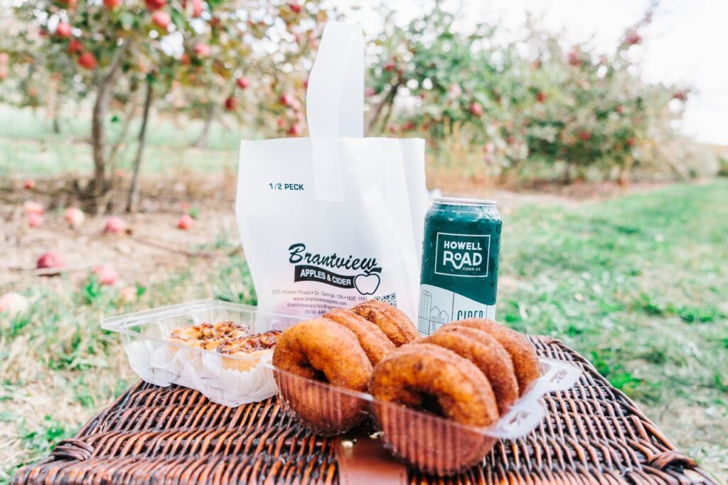 A can of Howell road cider, bag of apples and apple cider donut pack on a picnic table an orchard