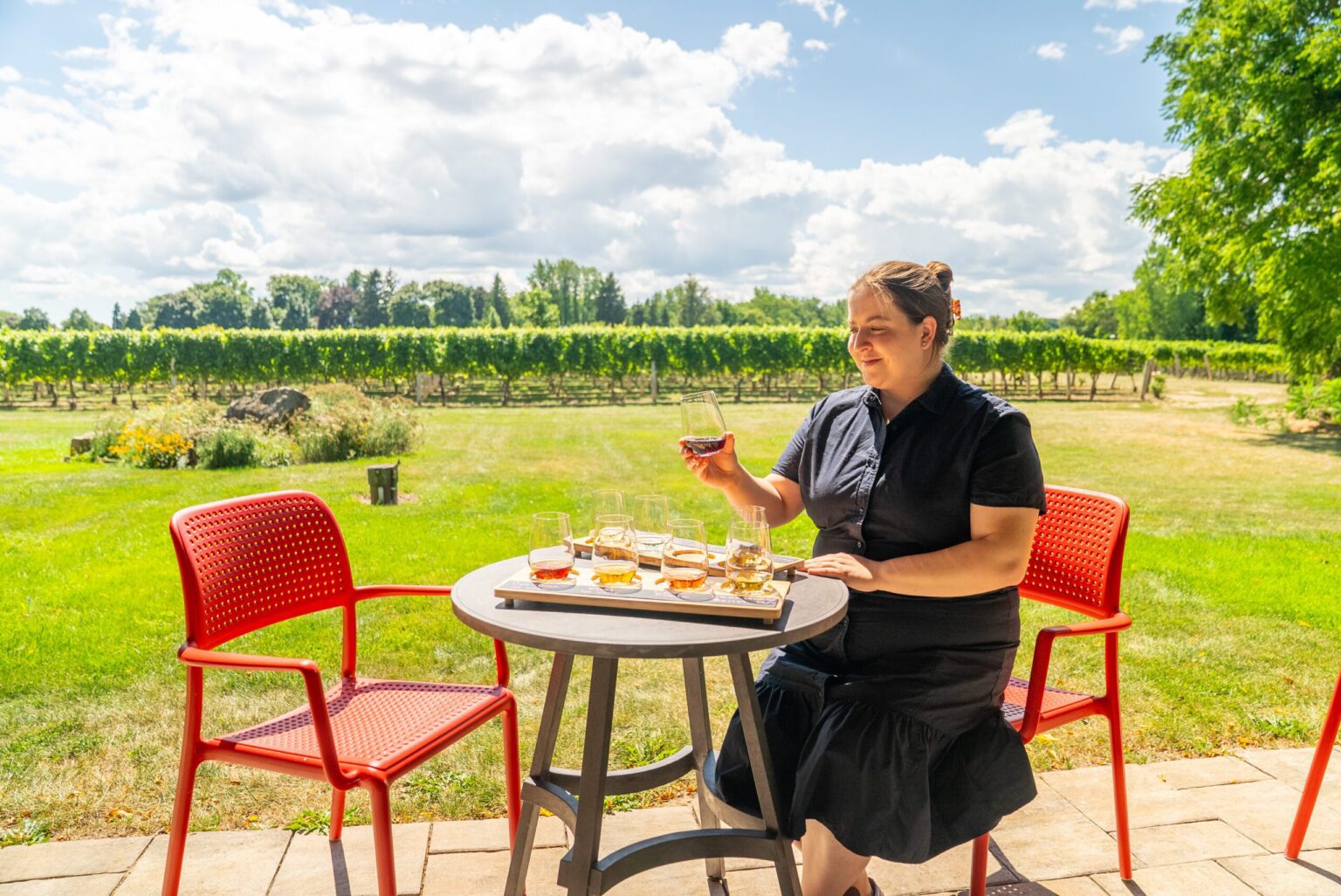 T enjoying a wine flight at Strewn Winery