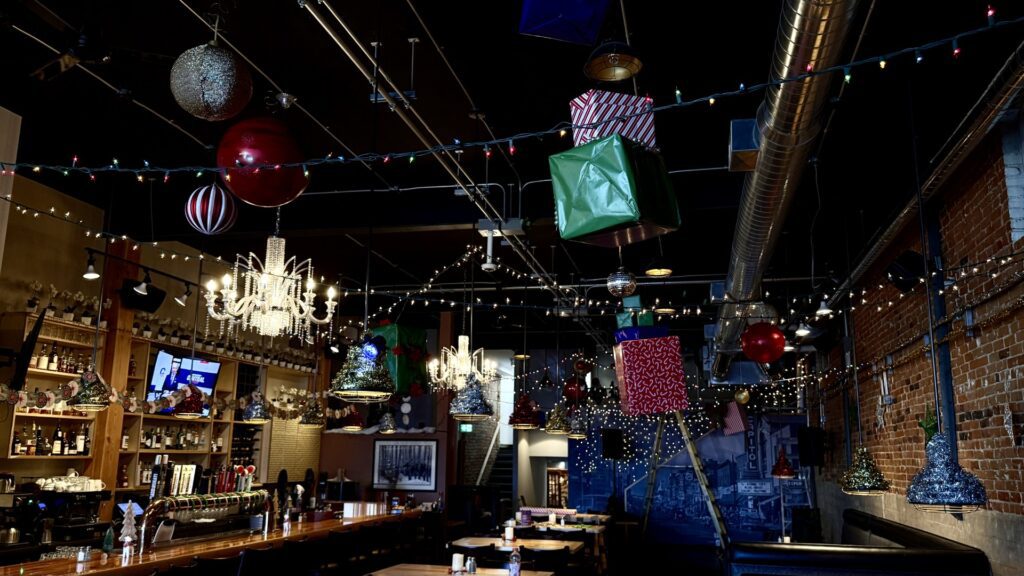 Christmas decor inside the Block Public House Christmas Bar