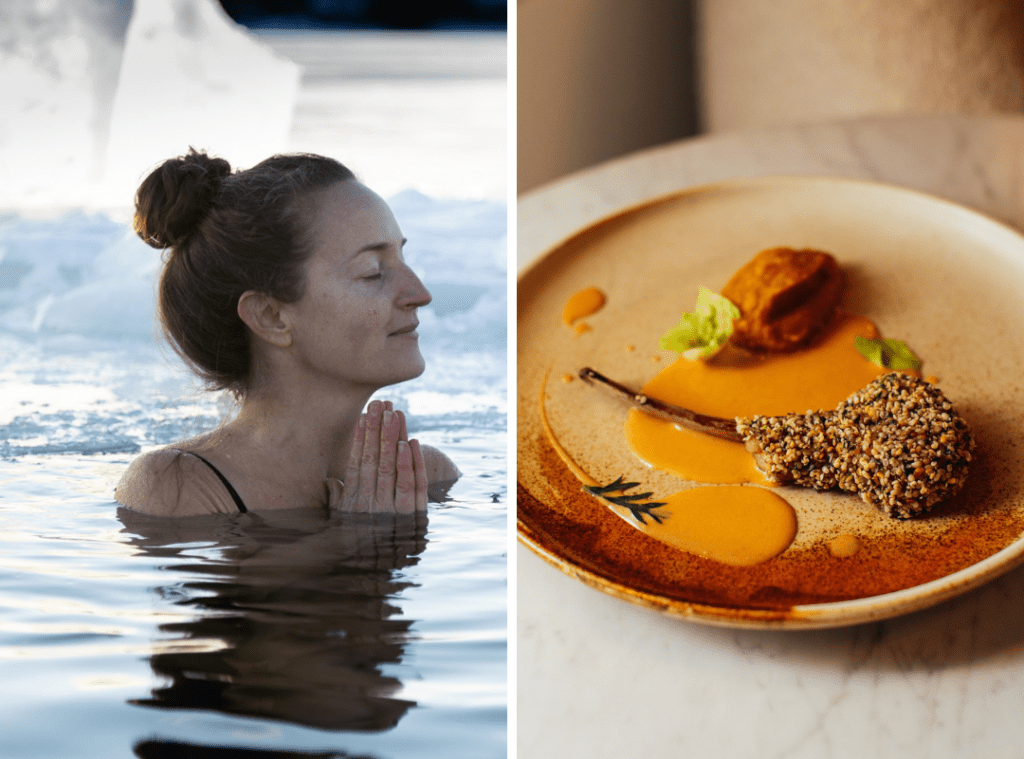 grid of 2 images, on the left is a cold plunge and on the right a hearty winter menu dish