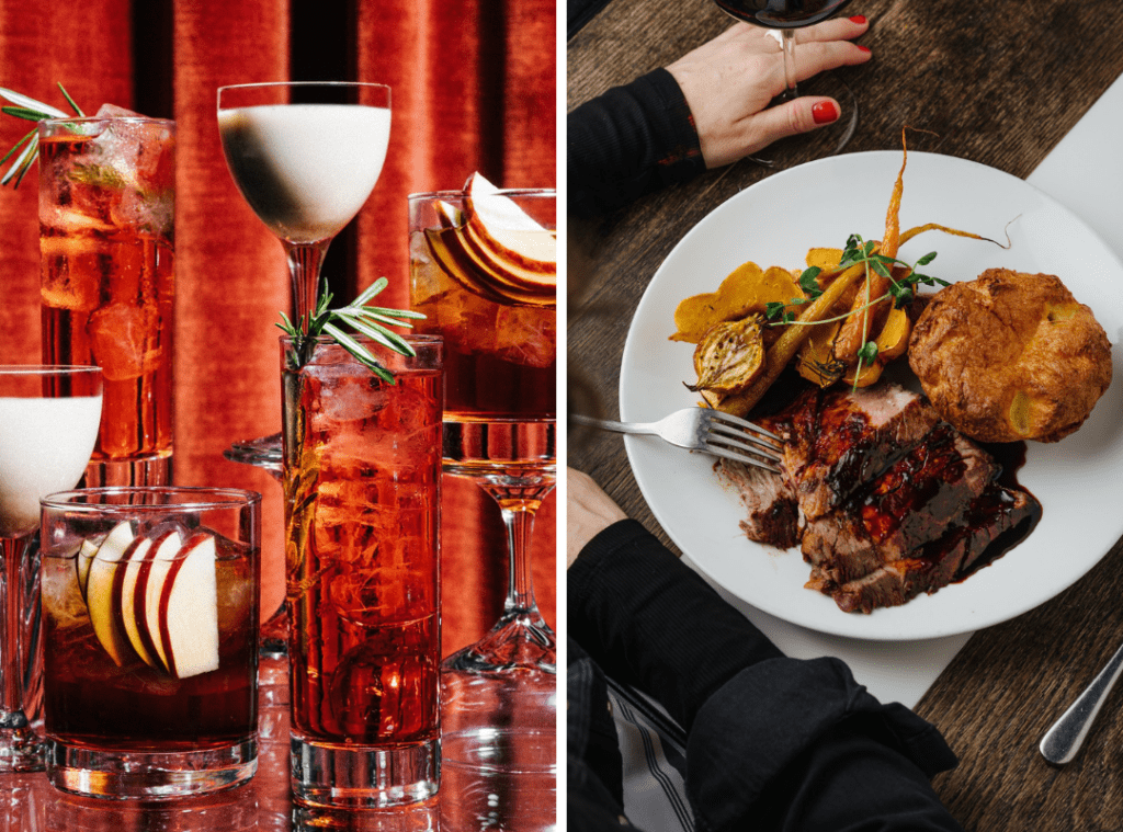 cocktails on the left, beef wellington on the right
