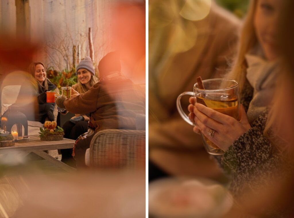 two images from langdon hall, on the left, a group of girls cheersing winter cocktails andon the right a close up of two hands holding a hot toddy outside