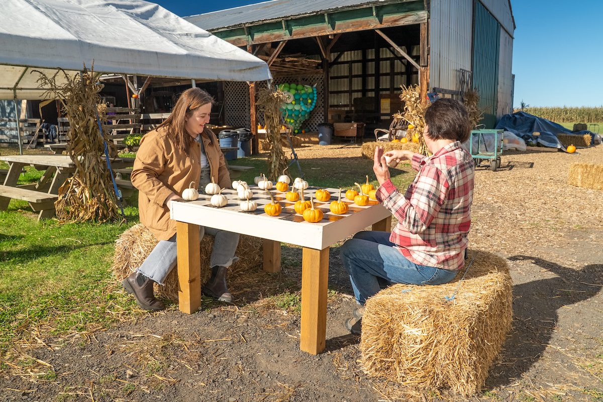 T and woman playing pumpkin checkers at Belluz Farms