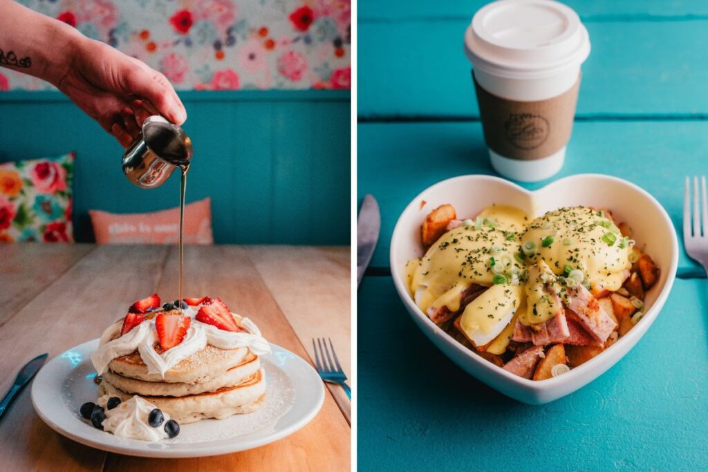two photos from loretta's including pancakes and a breakfast bowl