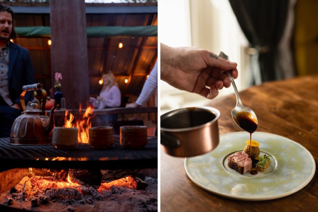 grid of two images from Down Home. On the left, people enjoying a meal together as a kettle boils over an open fire, on the right, sauce being poured over a duck breast on a green plate