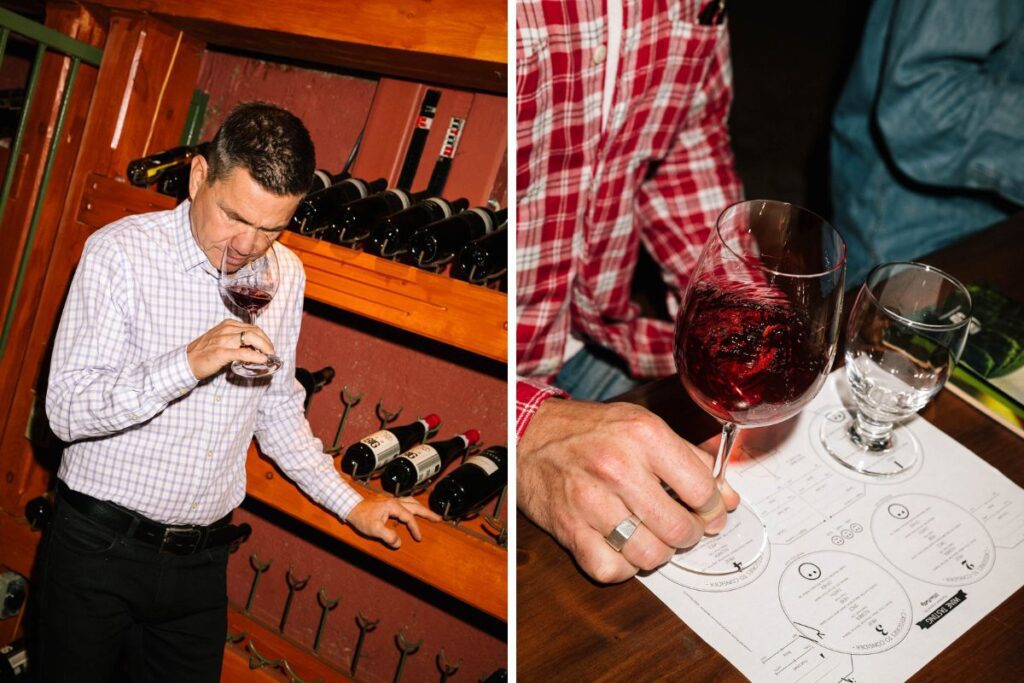 on the left, Greg smelling wine in the wine cellar, and on. the right a close up of a wine tasting