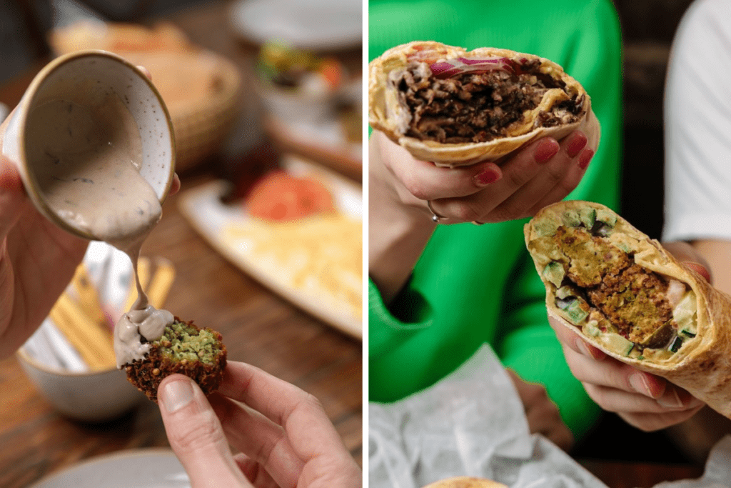 close up of drizzling sauce onto a falafel on the left and two wraps cut in half on the right at Firdous Lebanese Grill
