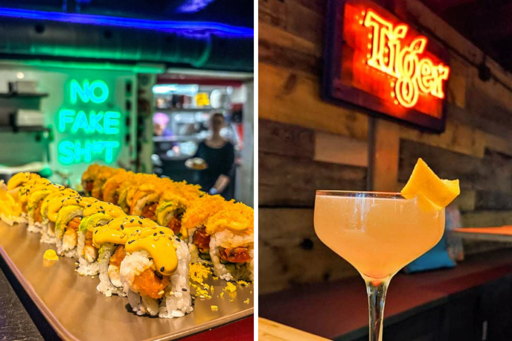 Grid of two images. On the left, sushi rolls from funky chow kitchen in front of a neon sign that reads "No Fake Shit". On the right, an orange cocktail with an orange rind garnish in front of a neon red and yellow sign that reads "Tiger".