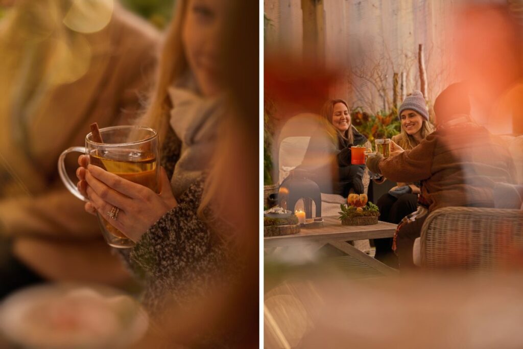 two shots of folks drinknig wintery drinks outdoors at Langdon Hall