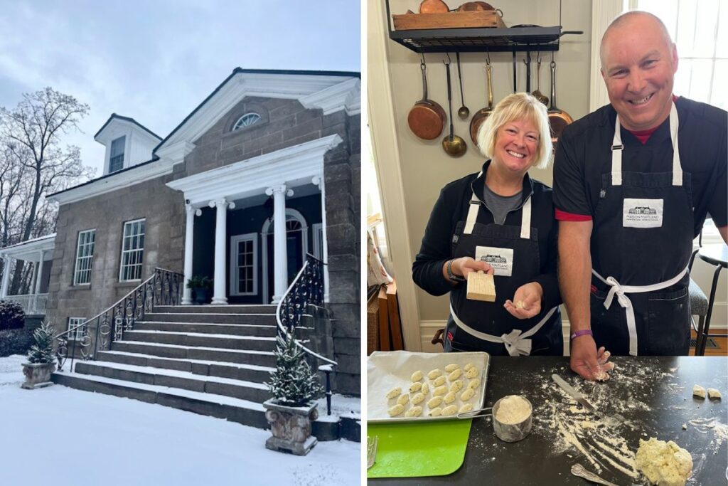 Grid of two photos from maison maitland: on the left, an outside shot of the home dusted in snow and on the right, a couple smiling at the camera while making pasta from scratch