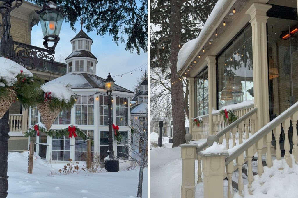 grid of two images from Puddicombe House. On the left, the glass house and on the right, a snowy porch