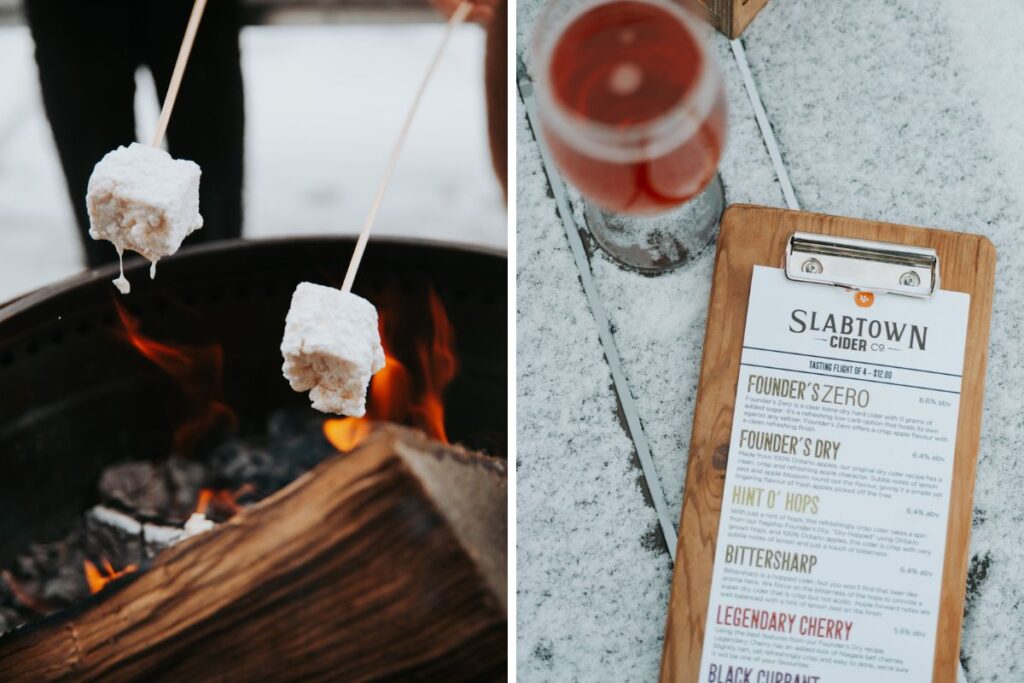 grid of two images from slabtown. On the left, marshmellows roasting over a fire and on the right, a cider on a snowy table and a menu
