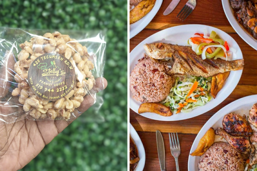 Grid of Stelly's photos. On the left, a package of peanut drops that read "Stelly's" on the label in front of a green living wall. On the right, a spread of different dishes including a fish and rice on a plate.