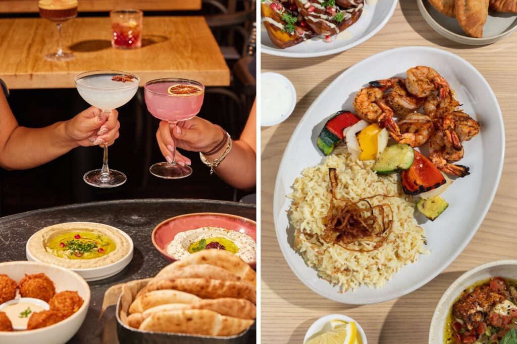 grid of two photos from tabule. On the left, two drinks being cheersed over a table of food and on the right, a spread of food overhead shot